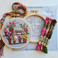 Catnap with Flowers Embroidery Kit Jessica Long Embroidery