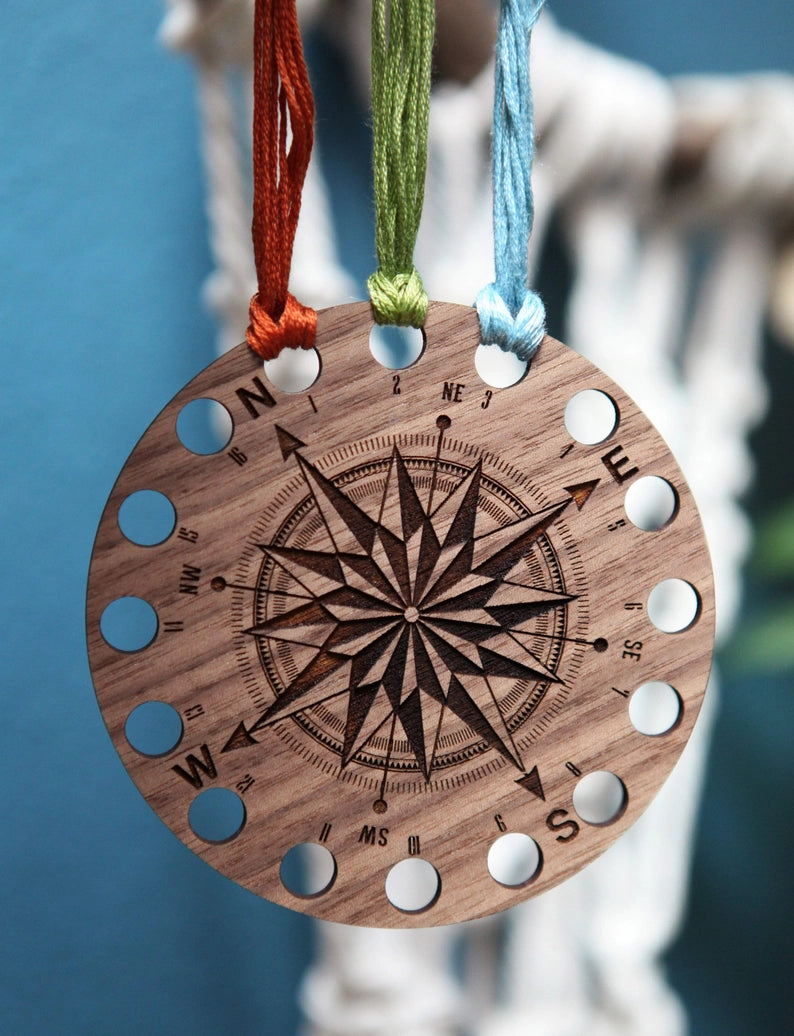 Walnut Wood Circle Compass Embroidery Floss Storage Holder From Sunrise Grove