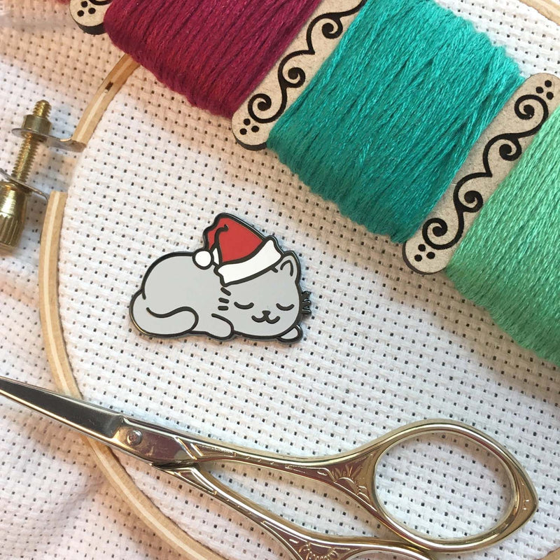 Sleepy Christmas Kitty Enamel Needle Minder by Snarky Crafter Designs