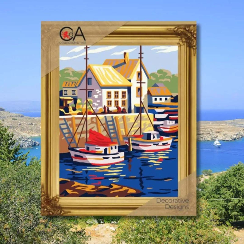 Boats In Small Port Tapestry Printed Kit- Needlepoint Stamped Needlepoint Kit 5.5"X7"