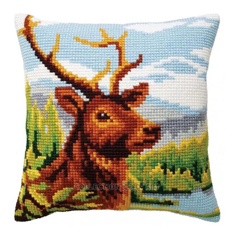 Needlepoint Pillow Kit Mountain River Moose - Needlepoint Stamped Needlepoint Kit 16x16"