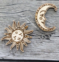 Ornate Smiling Sun & Moon Needle Minders (Set of 2) Engraved Wooden Needle minders Hand Drawn by Snarky Crafter Designs