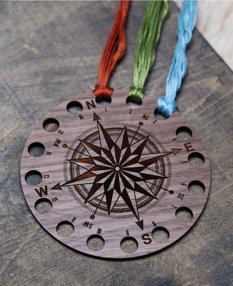 Walnut Wood Circle Compass Embroidery Floss Storage Holder From Sunrise Grove