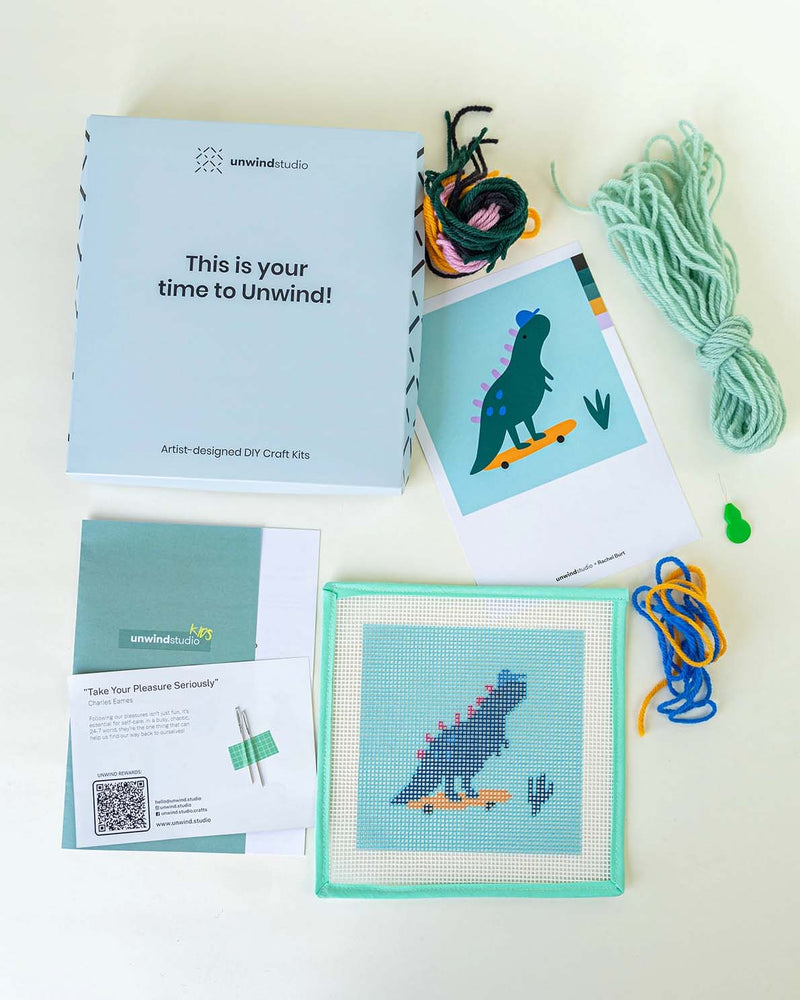 Dino the Skater - Needlepoint Kit For Kids Diy Embroidery By Unwind Studio
