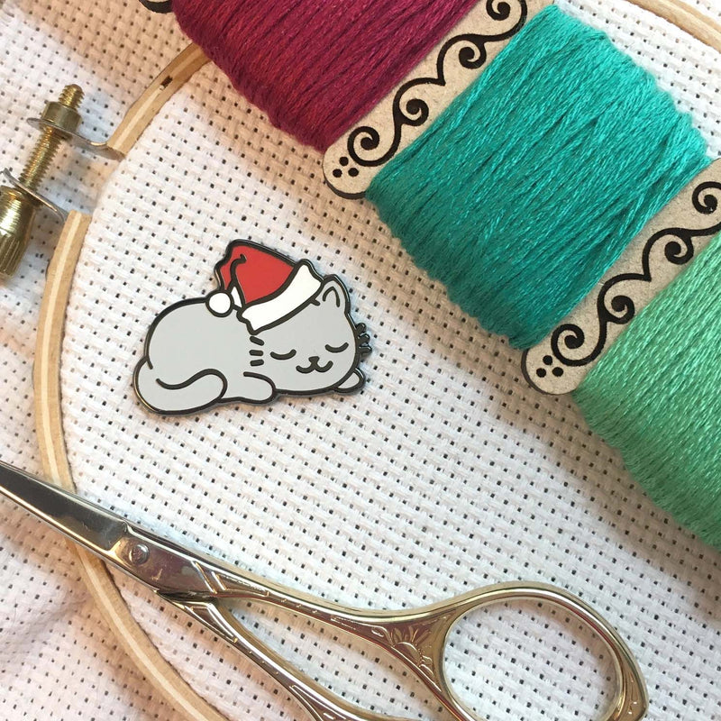 Sleepy Christmas Kitty Enamel Needle Minder by Snarky Crafter Designs