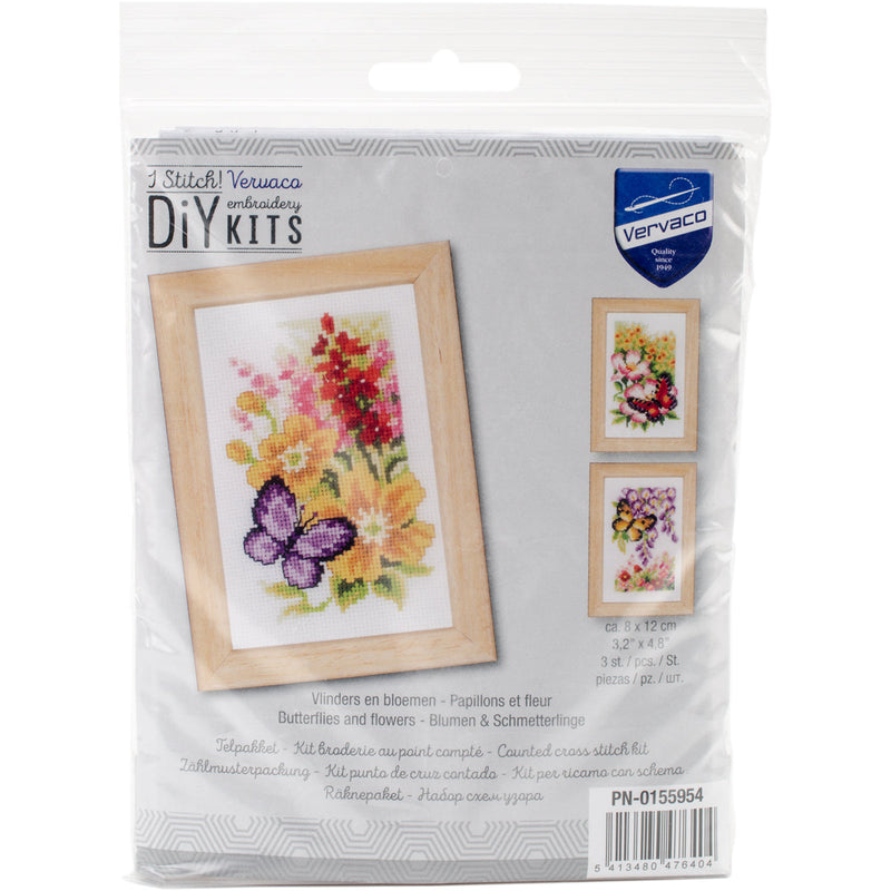 Butterflies & Flowers Mini (18 Count) by Vervaco Counted Cross Stitch Kit 4 by 2.5 " 3/Pkg