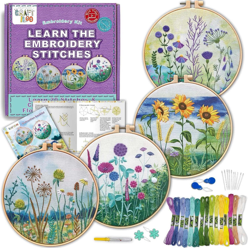 4 Watercolor Flowers Embroidery Kit From Craftiloo