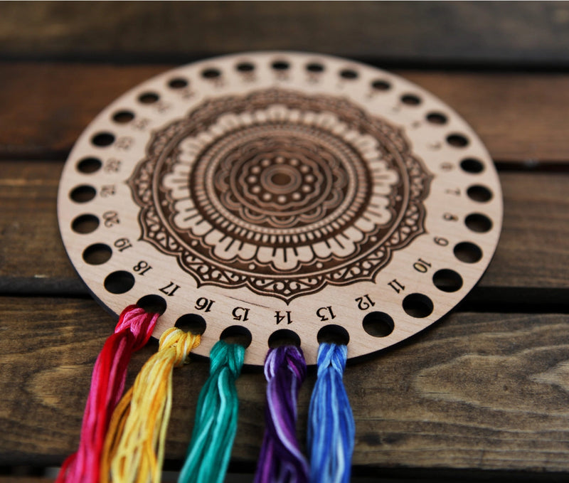 Mandala 30-Hole Cherry Wood Floss Storage Holder From Sunrise Grove