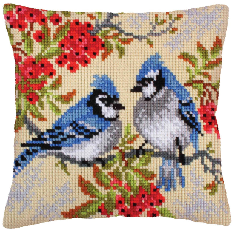 Needlepoint Pillow Kit Bird Blue Jays - Needlepoint Stamped Needlepoint Kit 16x16"
