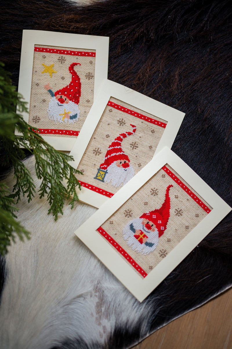 Playful Christmas Gnome Holiday Greeting Cards  by Vervaco Counted Cross Stitch Kit 4.25 "X6" 3/Pkg