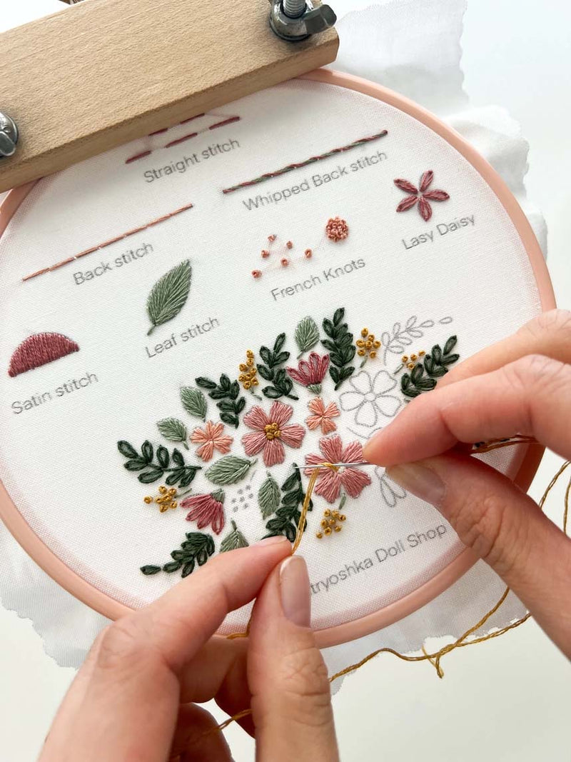 Flower Beginner Embroidery Kit - Stitch Sampler For Beginners - By Matryoshka Doll Shop Counted Cross Stitch Kit -  Great for a New Stitcher!