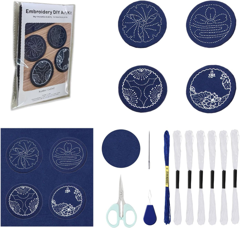 Sashiko Coasters Embroidery Kit ~ Set of 4~DIY Kit with Pattern