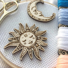 Ornate Smiling Sun & Moon Needle Minders (Set of 2) Engraved Wooden Needle minders Hand Drawn by Snarky Crafter Designs