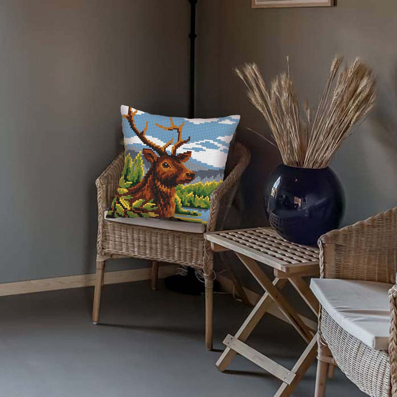 Needlepoint Pillow Kit Mountain River Moose - Needlepoint Stamped Needlepoint Kit 16x16"