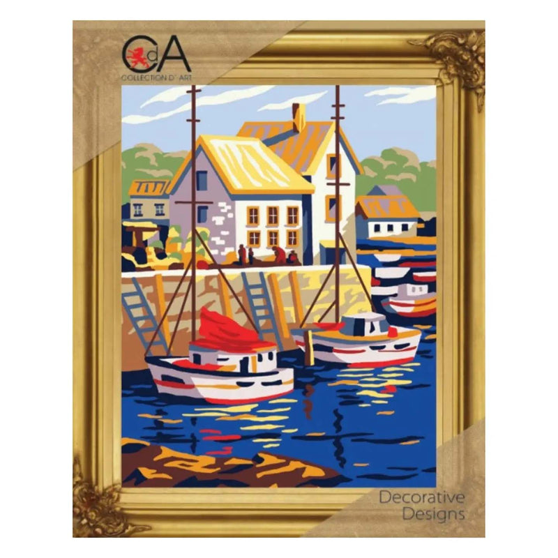 Boats In Small Port Tapestry Printed Kit- Needlepoint Stamped Needlepoint Kit 5.5"X7"