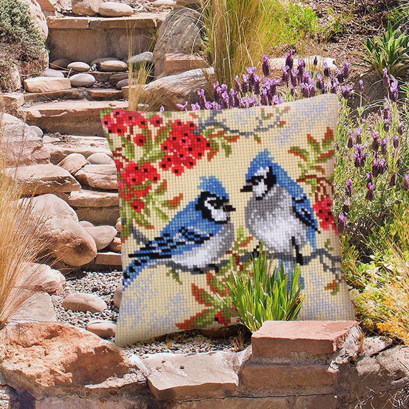 Needlepoint Pillow Kit Bird Blue Jays - Needlepoint Stamped Needlepoint Kit 16x16"