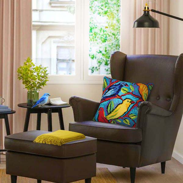 Needlepoint Pillow Kit Bird Colorful Birds - Needlepoint Stamped Needlepoint Kit 16x16"