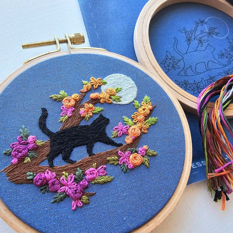 Mini Black Cat & Full Moon Embroidery Kit from Jessica Long Embroidery