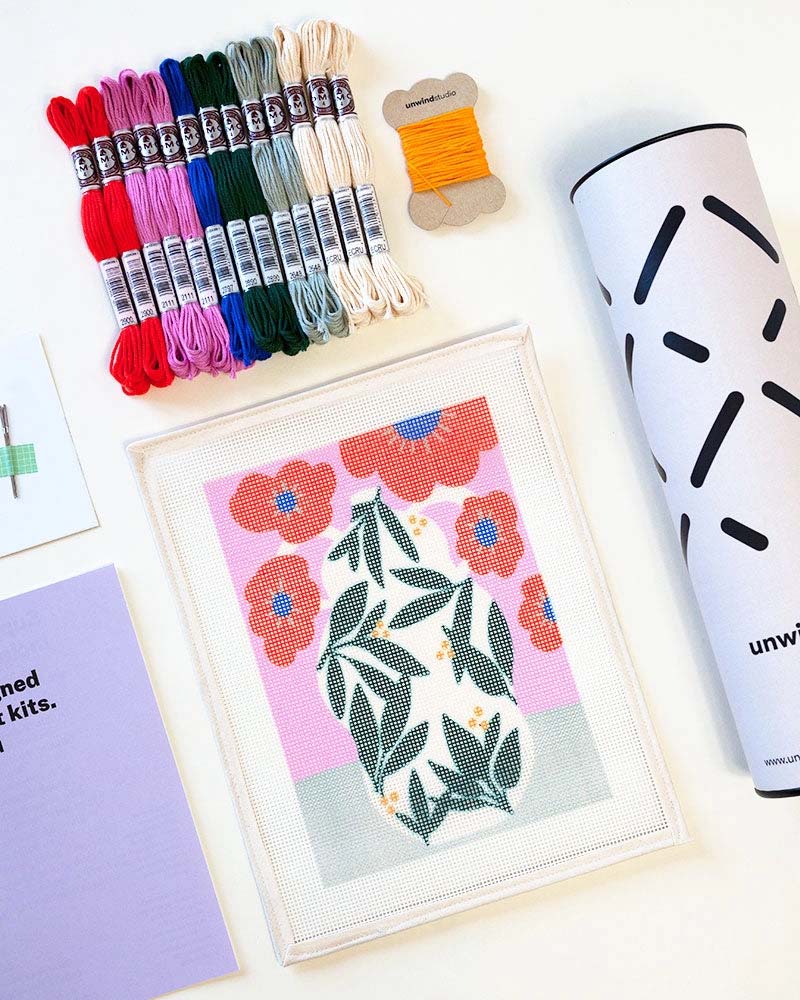 Poppy Pot Kit Diy Needlepoint Kit Embroidery By Unwind Studio