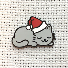 Sleepy Christmas Kitty Enamel Needle Minder by Snarky Crafter Designs