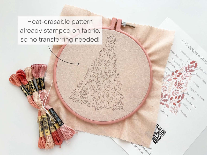 Pink Christmas Tree Embroidery Kit- By Matryoshka Doll Shop -  Great for a New Stitcher!