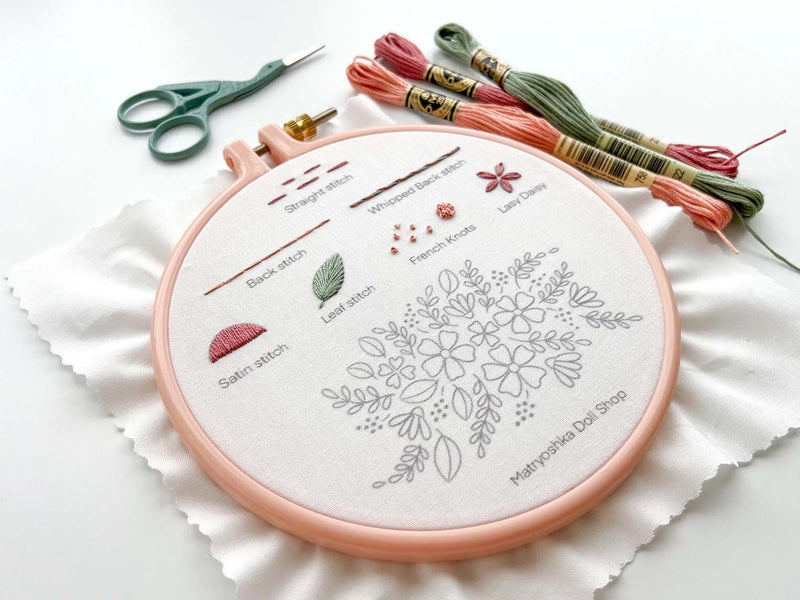 Flower Beginner Embroidery Kit - Stitch Sampler For Beginners - By Matryoshka Doll Shop Counted Cross Stitch Kit -  Great for a New Stitcher!