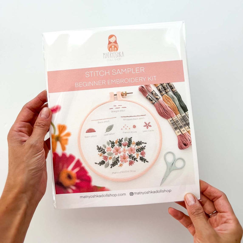 Flower Beginner Embroidery Kit - Stitch Sampler For Beginners - By Matryoshka Doll Shop Counted Cross Stitch Kit -  Great for a New Stitcher!