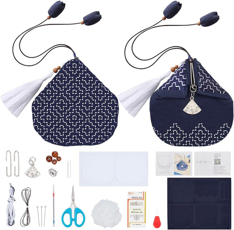 Persimmon Flower Sashiko Coin Purse Sashiko Kit for Beginners Japanese Sashiko Embroidery DIY Kit with Instructions