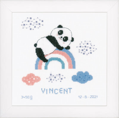 Panda on a Rainbow Birth Record Vervaco Counted Cross Stitch Kit 9.2"x 9.6