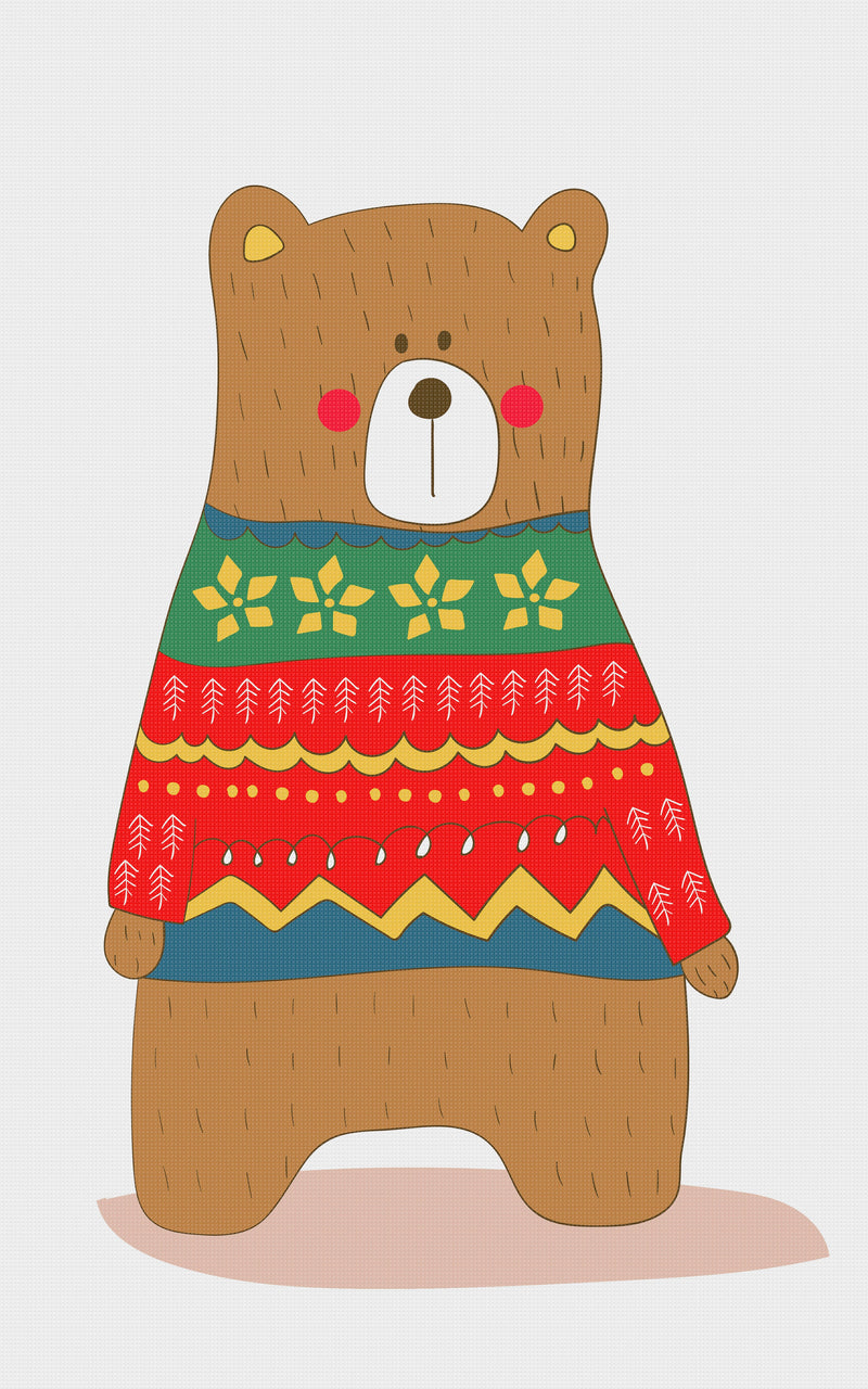 Contemporary Brown Bear in a Colorful  Knit Sweater Hand Embroidery Pattern