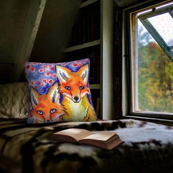 Needlepoint Pillow Kit Fox Cubs - Needlepoint Stamped Needlepoint Kit 16x16"