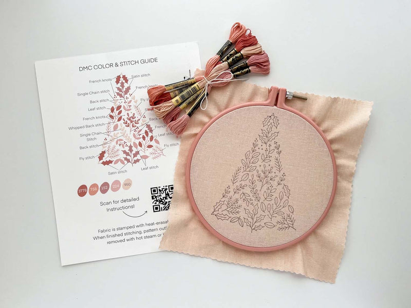 Pink Christmas Tree Embroidery Kit- By Matryoshka Doll Shop -  Great for a New Stitcher!