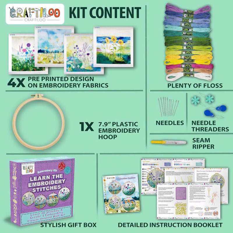 4 Watercolor Flowers Embroidery Kit From Craftiloo