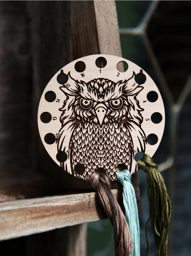 Round Cherry Wood Owl Embroidery Floss Storage Holder From Sunrise Grove