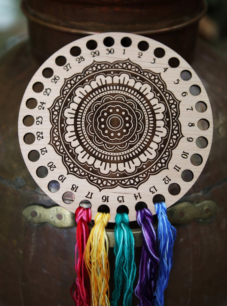 Mandala 30-Hole Cherry Wood Floss Storage Holder From Sunrise Grove