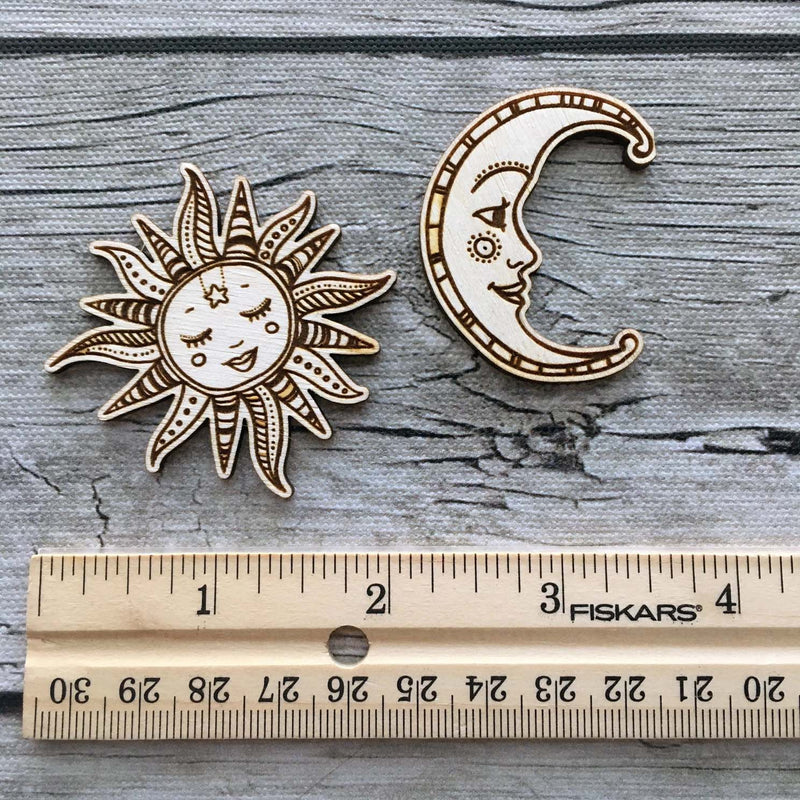 Ornate Smiling Sun & Moon Needle Minders (Set of 2) Engraved Wooden Needle minders Hand Drawn by Snarky Crafter Designs