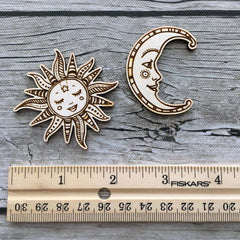 Ornate Smiling Sun & Moon Needle Minders (Set of 2) Engraved Wooden Needle minders Hand Drawn by Snarky Crafter Designs