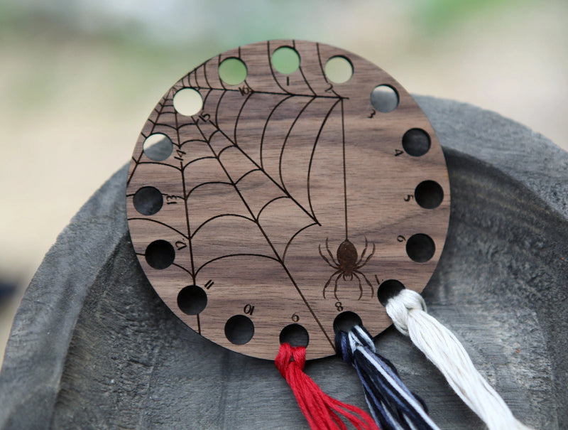 Spider Web Thread Storage Holder - Walnut Wood Embroidery Floss Storage Holder From Sunrise Grove