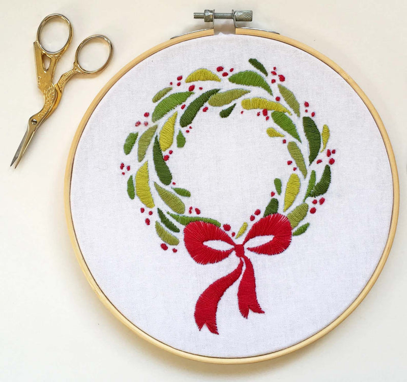 Christmas Wreath Embroidery Fabric Embroidery Stamped  Fabric By Cinnamon Stitching
