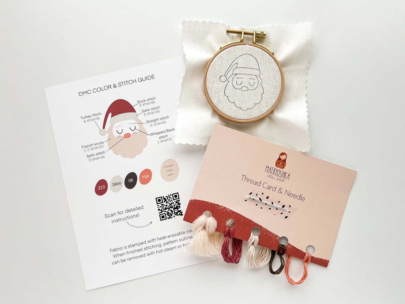 Santa Embroidery Kit, 3” Christmas Tree Ornament, Diy Craft- By Matryoshka Doll Shop Counted Cross Stitch Kit -  Great for a New Stitcher!