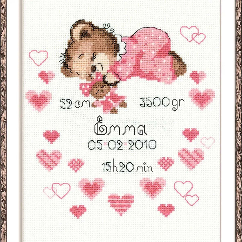 Girl Baby Bear Birth Announcement by Riolis Counted Cross Stitch Kit