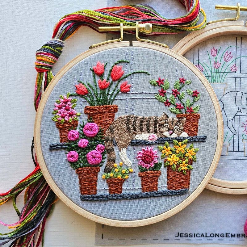 Catnap with Flowers Embroidery Kit Jessica Long Embroidery