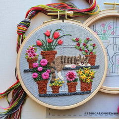 Catnap with Flowers Embroidery Kit Jessica Long Embroidery