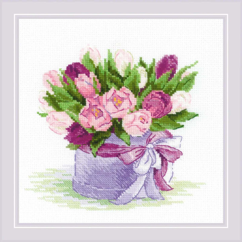 Tulips Hat Box Bouquet by Riolis Counted Cross Stitch Kit