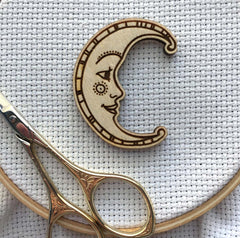 Ornate Smiling Sun & Moon Needle Minders (Set of 2) Engraved Wooden Needle minders Hand Drawn by Snarky Crafter Designs