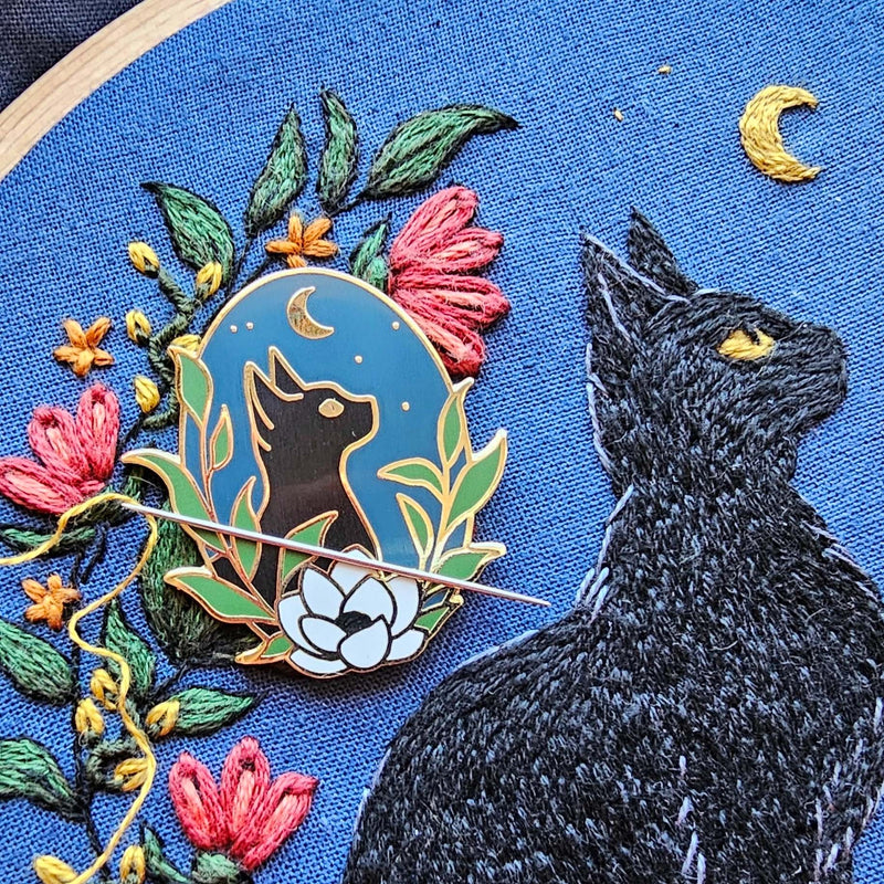Black Cat ENAMEL NEEDLE MINDER By Jessica Long Embroidery