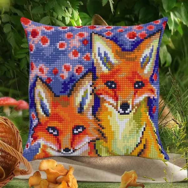 Needlepoint Pillow Kit Fox Cubs - Needlepoint Stamped Needlepoint Kit 16x16"