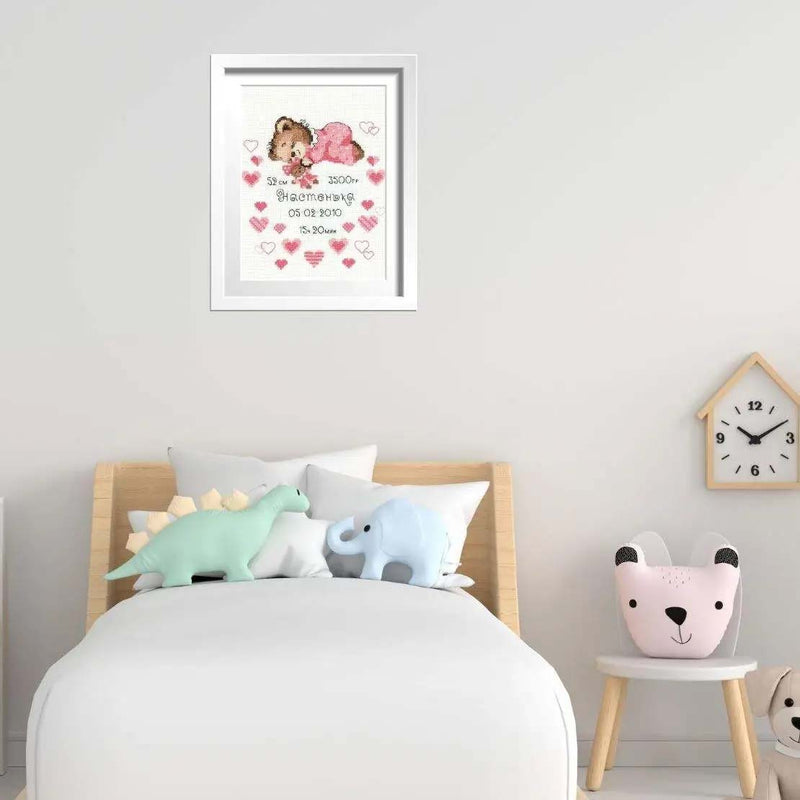 Girl Baby Bear Birth Announcement by Riolis Counted Cross Stitch Kit