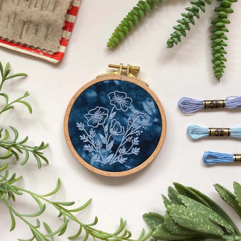 Cyanotype Flowers Botanicals- Beginner Embroidery Diy Craft Kit By MCreativeJ