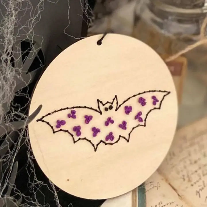 Fall & Halloween Floral Bat-Diy Wood Embroidery Kit -  EMBROIDERY KIT By HNB House Embroidery